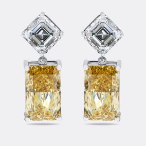 28.2 cts Fancy Yellow Radiant Asscher Lab Grown Diamonds 18k White Gold Earrings, Earrings - Luxury Closet