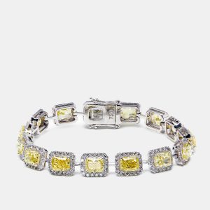 18.4 cts Intense Yellow Radiant Round Lab Grown Diamonds 18k White Gold Bracelet, Bracelets - Luxury Closet