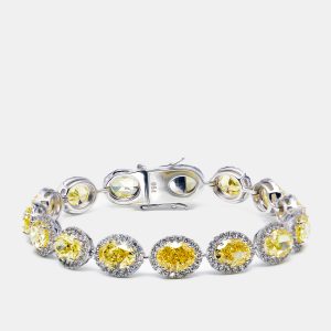 21.00 cts Intense Yellow Oval Round Lab Grown Diamonds 18k White Gold Bracelet, Bracelets - Luxury Closet