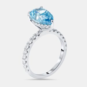 3.6 cts Vivid Blue Pear, Round Lab Grown Diamonds 18k White Gold Ring Size 51, Rings - Luxury Closet