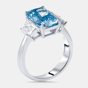 4 cts Vivid Blue Radiant, Trapazoid Lab Grown Diamonds 18k White Gold Ring Size 51, Rings - Luxury Closet