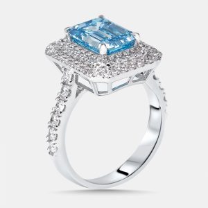 3.9 cts Vivid Blue Emerald, Round Lab Grown Diamonds 18k White Gold Ring Size 52, Rings - Luxury Closet