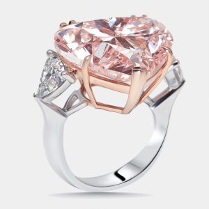 24.95 cts Pink Heart, Trillion Lab Grown Diamonds 18k Two Tone Gold Ring Size 52, Rings - Luxury Closet