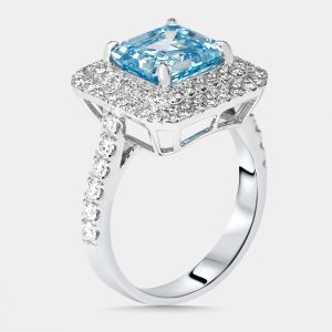 3.9 cts Vivid Blue Asscher, Round Lab Grown Diamonds 18k White Gold Ring Size 52, Rings - Luxury Closet