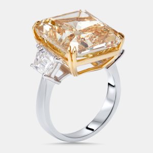 20.86 cts Yellow Radiant, Trapazoid Lab Grown Diamonds 18k Two Tone Gold Ring Size 52, Rings - Luxury Closet