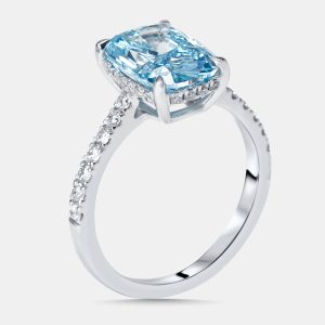 3.4 cts Vivid Blue Radiant, Round Lab Grown Diamonds 18k White Gold Ring Size 52, Rings - Luxury Closet