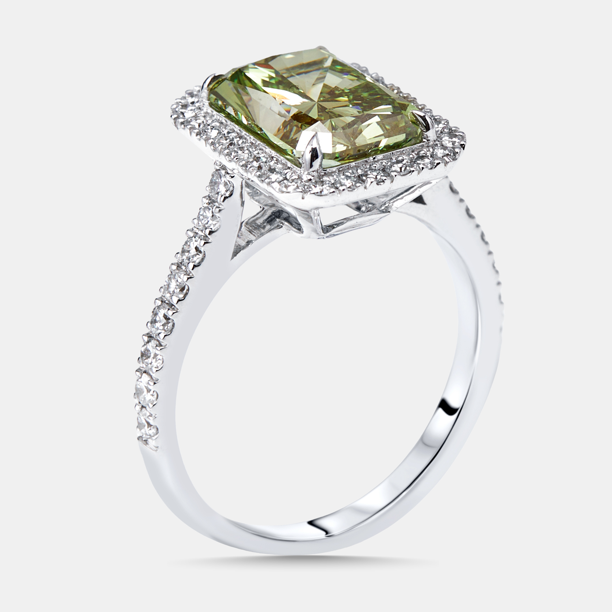 3.5 cts Green Emerald Cut, Round Lab Grown Diamonds 18k White Gold Ring Size 52, Rings - Luxury Closet