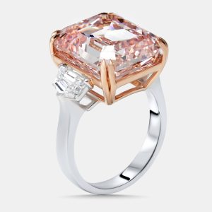 15 cts Pink Emerald Cut, Halfmoon Lab Grown Diamonds 18k Two Tone Gold Ring Size 52, Rings - Luxury Closet