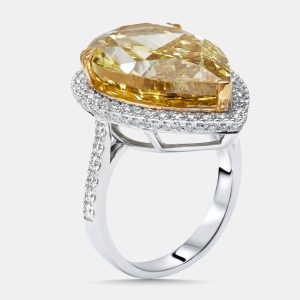 16.5 cts Fancy Yellow Pear, Round Lab Grown Diamonds 18k Two Tone Gold Ring Size 52, Rings - Luxury Closet