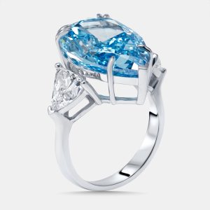 13.3 cts Vivid Blue Pear, Trillion Lab Grown Diamonds 18k White Gold Ring Size 52, Rings - Luxury Closet