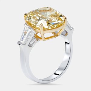 9.22 cts Fancy Yellow Cushion, Trapezoid Lab Grown Diamonds 18k Two Tone Gold Ring Size 53, Rings - Luxury Closet