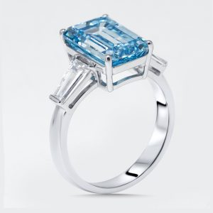 5.8 cts Vivid Blue Emerald Cut, Trapezoid Lab Grown Diamonds 18k White Gold Ring Size 53, Rings - Luxury Closet