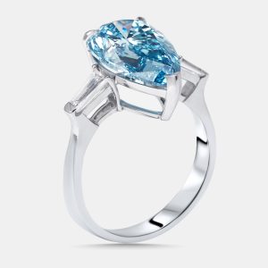 5.1 cts Vivid Blue Pear, Trapazoid Lab Grown Diamonds 18k White Gold Ring Size 53, Rings - Luxury Closet