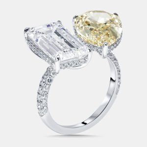 12.8 cts Fancy Yellow Pear, Emerald Cut, Round Lab Grown Diamonds 18k White Gold Ring Size 55, Rings - Luxury Closet
