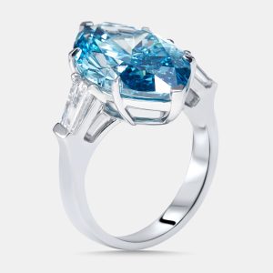 11.03 cts Vivid Blue Marquise, Trapazoid Lab Grown Diamonds 18k White Gold Ring Size 55, Rings - Luxury Closet