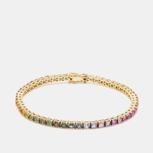 16 cts Rainbow Princess Cut Gemstones 18k Yellow Gold Tennis Bracelet, Bracelets - Luxury Closet