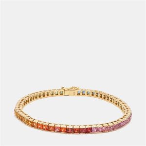 16 cts Rainbow Sapphire Princess Cut Gemstones 18k Yellow Gold Tennis Bracelet, Bracelets - Luxury Closet