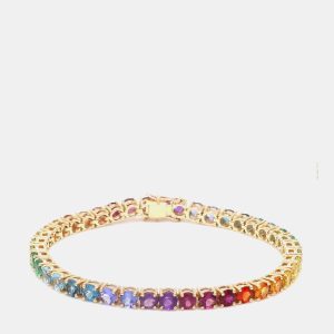 14 cts Rainbow Sapphire Round Cut Gemstones 18k Yellow Gold Tennis Bracelet, Bracelets - Luxury Closet