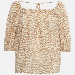 Theory Brown Desert Lawn Print Crepe SS Scoop Tie Top S, Shirts & Tops - Luxury Closet
