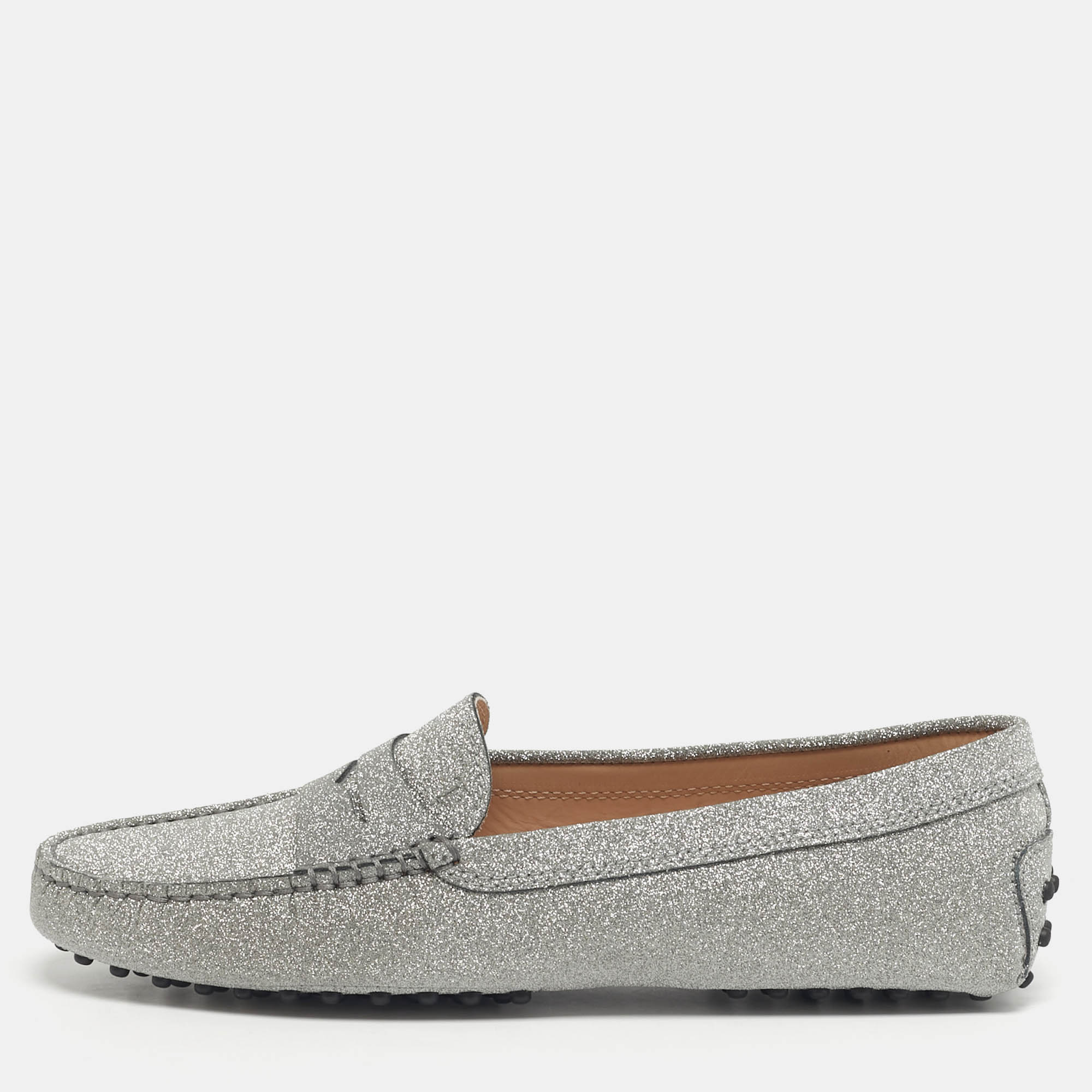 Tod's Silver Glitter Leather Gommini Driver Loafers Size 39, Loafers & Slip-Ons - Luxury Closet