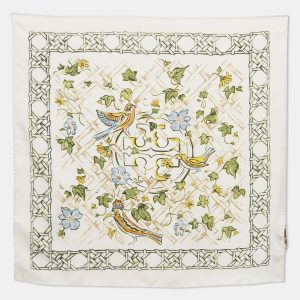 Tory Burch Cream Painted Caning with Birds Silk Neckerchief, Scarves & Shawls - Luxury Closet