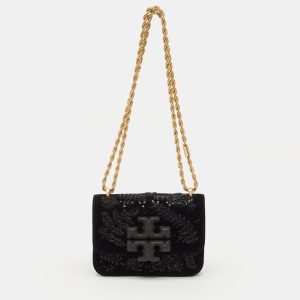 Tory Burch Beaded Eleanor Small Black Leather Convertible Shoulder Bag, Shoulder Bags - Luxury Closet