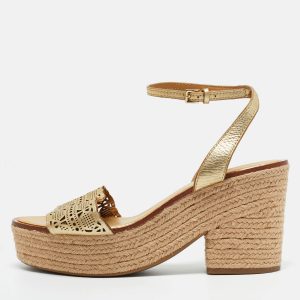 Tory Burch Gold Cutout Leather Roselle Espadrille Platform Sandals Size 41, Sandals - Luxury Closet