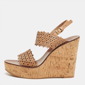 Tory Burch Beige Perforated Leather Daisy Cork Wedge Sandals Size 40.5, Sandals - Luxury Closet