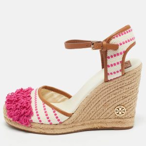 Tory Burch Cream/Pink Canvas and Leather Espadrille Wedge Sandals Size 41, Sandals - Luxury Closet