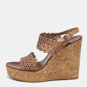 Tory Burch Beige Perforated Leather Daisy Cork Wedge Sandals Size 40.5, Sandals - Luxury Closet