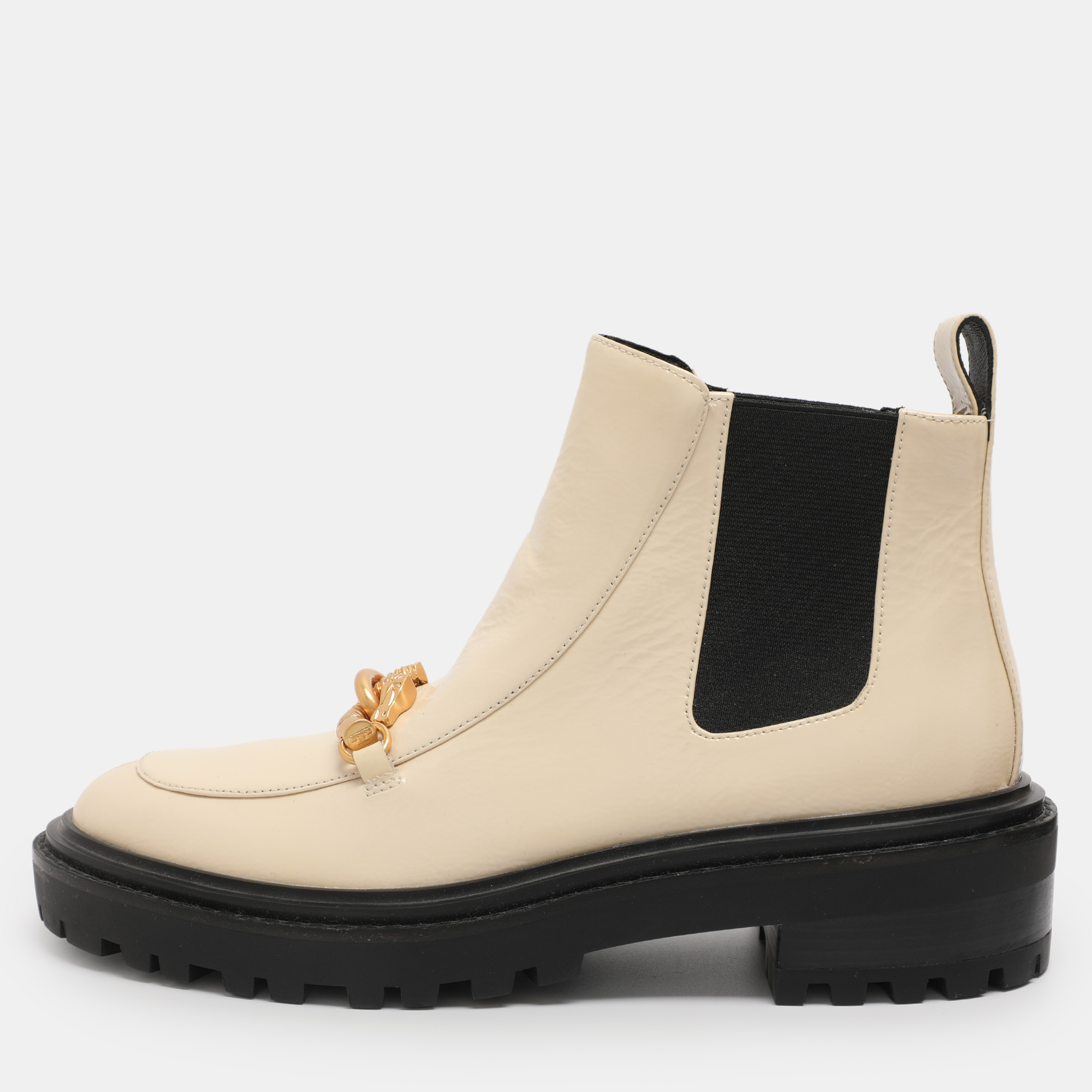 Tory Burch Cream Elastane and Patent Leather Jessa Chelsea Mid Calf Boots Size 38.5, Boots - Luxury Closet