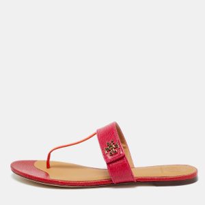 Tory Burch Kira Size 40 Pink/Orange Lizard Embossed Leather Thong Flat Sandals, Sandals - Luxury Closet