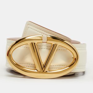 Valentino Cream/Pink Leather VLogo Buckle Reversible Belt 75 CM, Belt Buckles - Luxury Closet