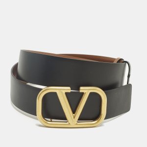 Valentino Black/Brown Leather VLogo Reversible Belt 70 CM, Belt Buckles - Luxury Closet