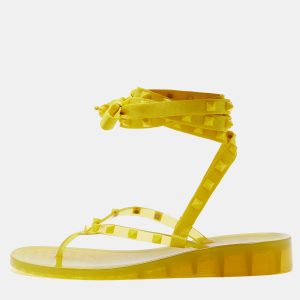 Valentino Yellow Fabric and Rubber Rockstud Thong Ankle Wrap Flats Size 39, Flats - Luxury Closet