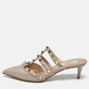 Valentino Beige Leather and Patent Leather Rockstud Mules Size 35.5, Sandals - Luxury Closet