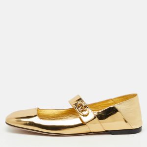 Valentino Gold Patent Leather VLogo Locker Mary Jane Ballet Flats Size 41.5, Flats - Luxury Closet