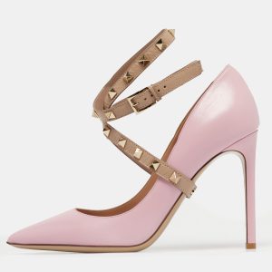Valentino Pink/Beige Leather Rockstud Cross Over Wrap Pumps Size 38.5, Pumps - Luxury Closet