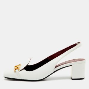 Valentino White Leather VLogo Chain Block Heel Slingback Pumps Size 36, Pumps - Luxury Closet