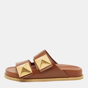 Valentino Brown Leather Roman Stud Flat Slides Size 36, Flats - Luxury Closet