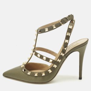Valentino Green Leather Rockstud Ankle Strap Pumps Size 38, Pumps - Luxury Closet