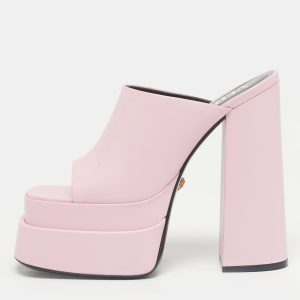 Versace Pink Leather Double Platform Mules Size 39, Sandals - Luxury Closet
