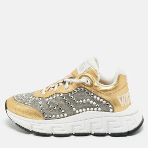 Versace Gold/Silver Leather and Lurex Fabric Trigreca Sneakers Size 36, Athletic Shoes & Sneakers - Luxury Closet