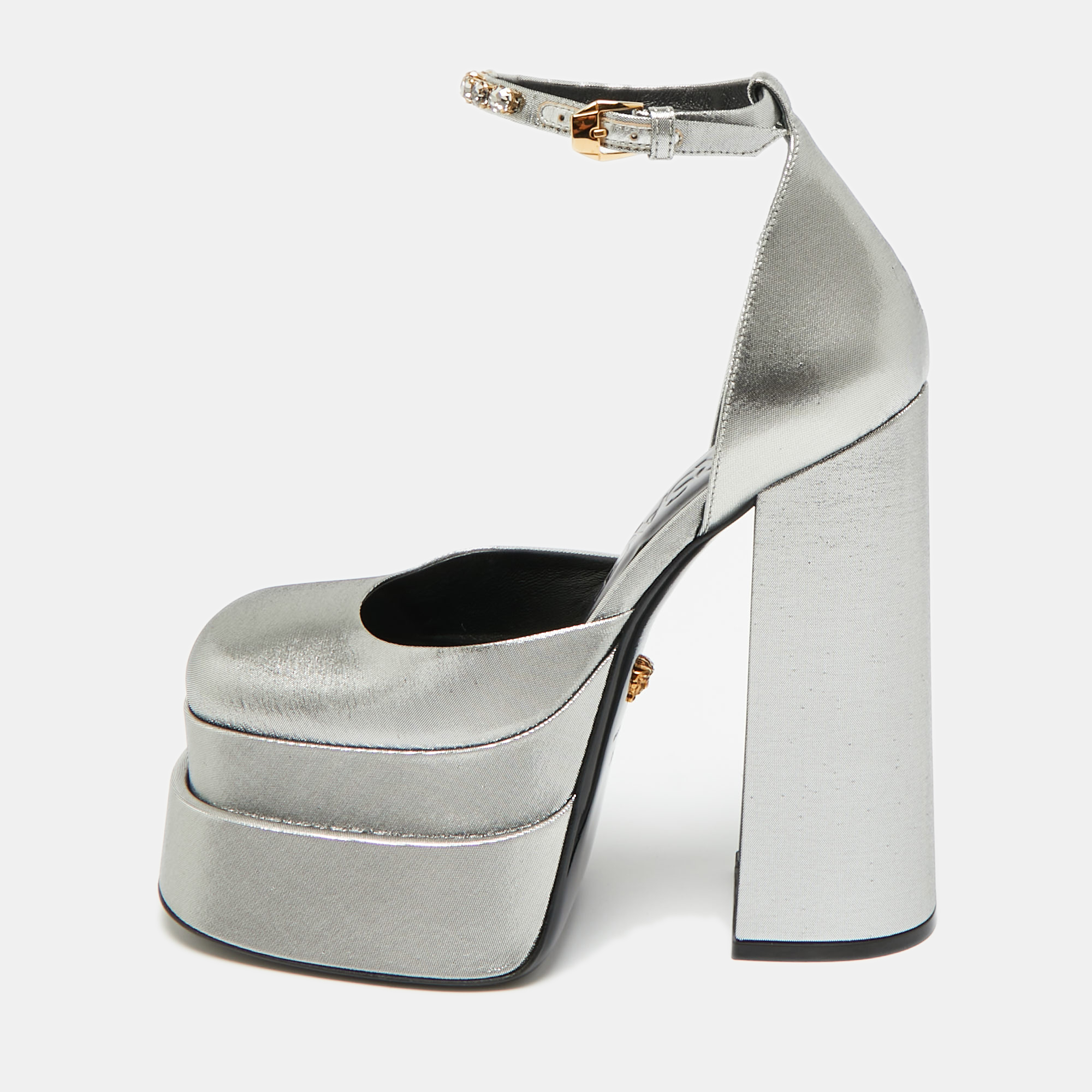 Versace Metallic Silver Lurex Fabric Medusa Aevitas Double Platform Pumps Size 36, Pumps - Luxury Closet