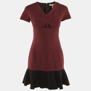 Victoria Beckham Burgundy/Black Silk & Wool Flounced Hem Mini Dress S, Dresses - Luxury Closet