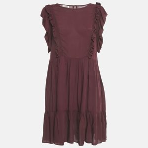 Zadig & Voltaire Burgundy Crepe Ruffled Rousseau Dress S, Dresses - Luxury Closet