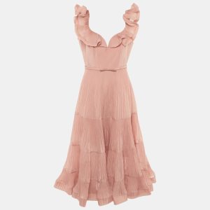 ZIMMERMANN Pink Crepe Pleated Frill Midi Dress L, Dresses - Luxury Closet