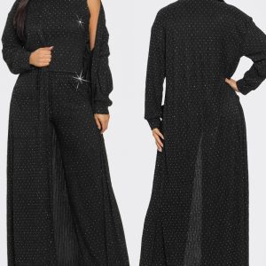 3 Pieces Outfits Cozy Comfort Glitter Long Sleeve Longline Coat and Cropped Ribbed Knit Tank Wide Leg Pants Set, women Two-piece Sets, ChicMe catalog