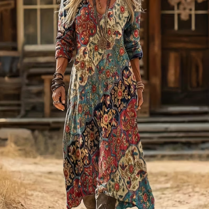 Women Abstract Long Sleeve Spring/Fall Printing Dress V Neck Daily Vintage Maxi H-Line Dress, JustFashionNow Casual Dresses, color:As Picture|size:5XL,