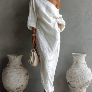 Cotton And Linen Casual Plain Balloon Sleeve Irregular Craftsmanship Maxi Dress, Maxi Dresses, color:White|size:XXL, Stylewe